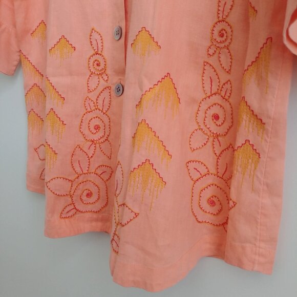 J Jill 100% linen soft orange cantaloupe embroidered tunic top button down Large - Picture 2 of 16